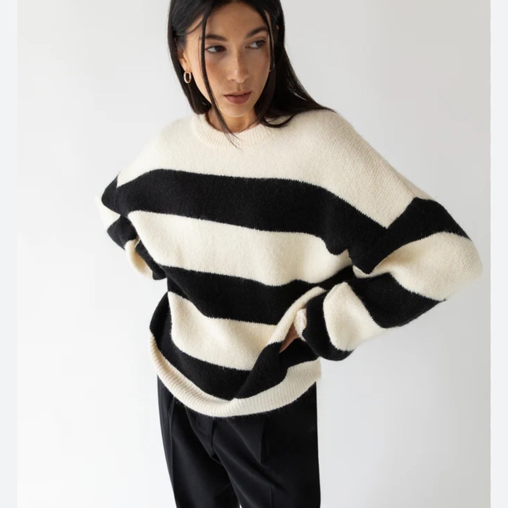 OAK + FORT Black and Cream Striped Sweater